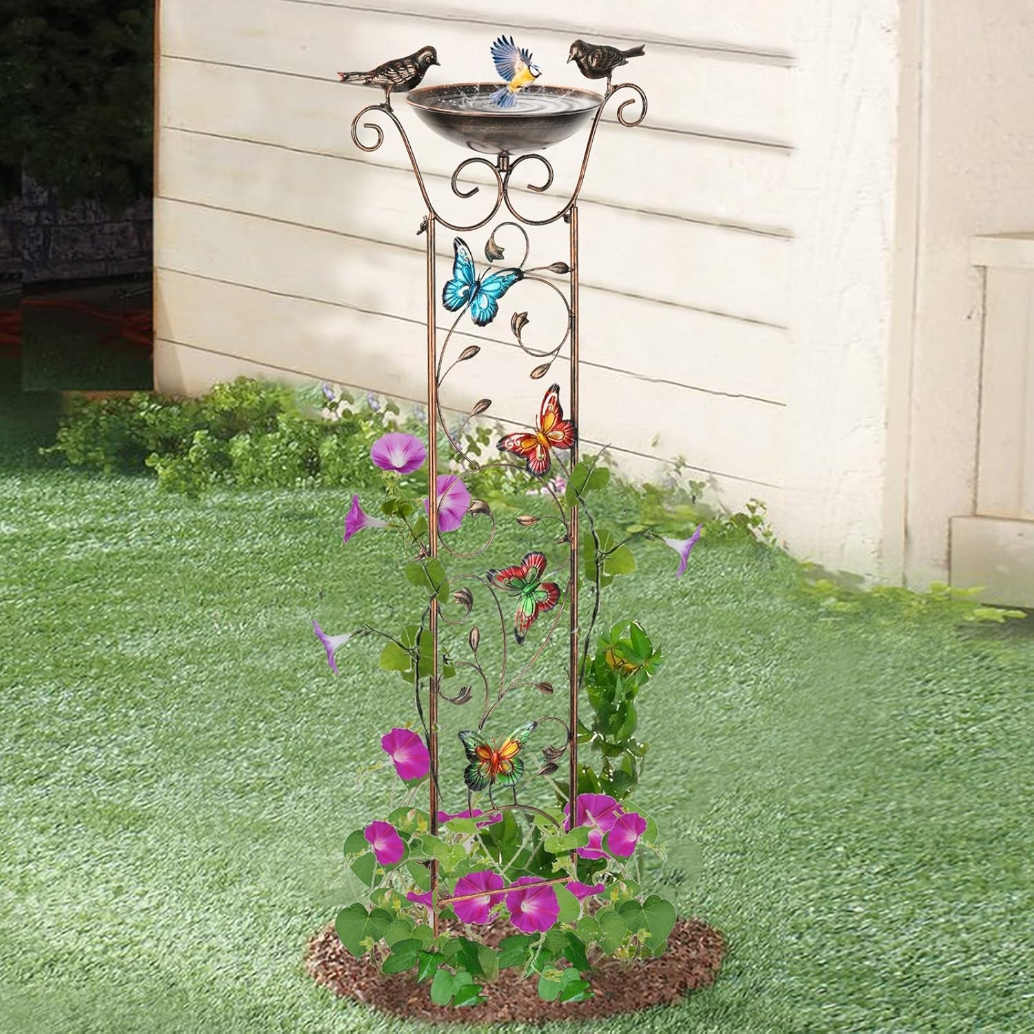 Bird Bath with Trellis Outdoor, Antique Garden Iron Trellis with Decorative Butterflies Detachable Bird Bowl Metal Potted Plants Support for Climbing Flowers