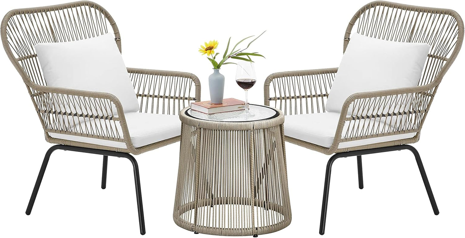 3-Piece Patio Bistro Conversation Set, Outdoor All-Weather Wicker Furniture Set for Garden Yard Porch, 2Pcs Wide Chairs and Glass Top Side Table W/Cushions, Tan