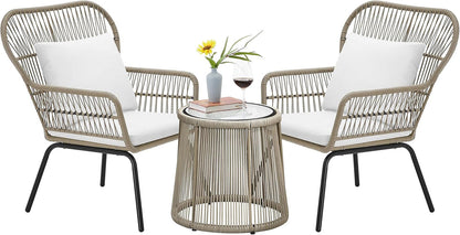 3-Piece Patio Bistro Conversation Set, Outdoor All-Weather Wicker Furniture Set for Garden Yard Porch, 2Pcs Wide Chairs and Glass Top Side Table W/Cushions, Tan