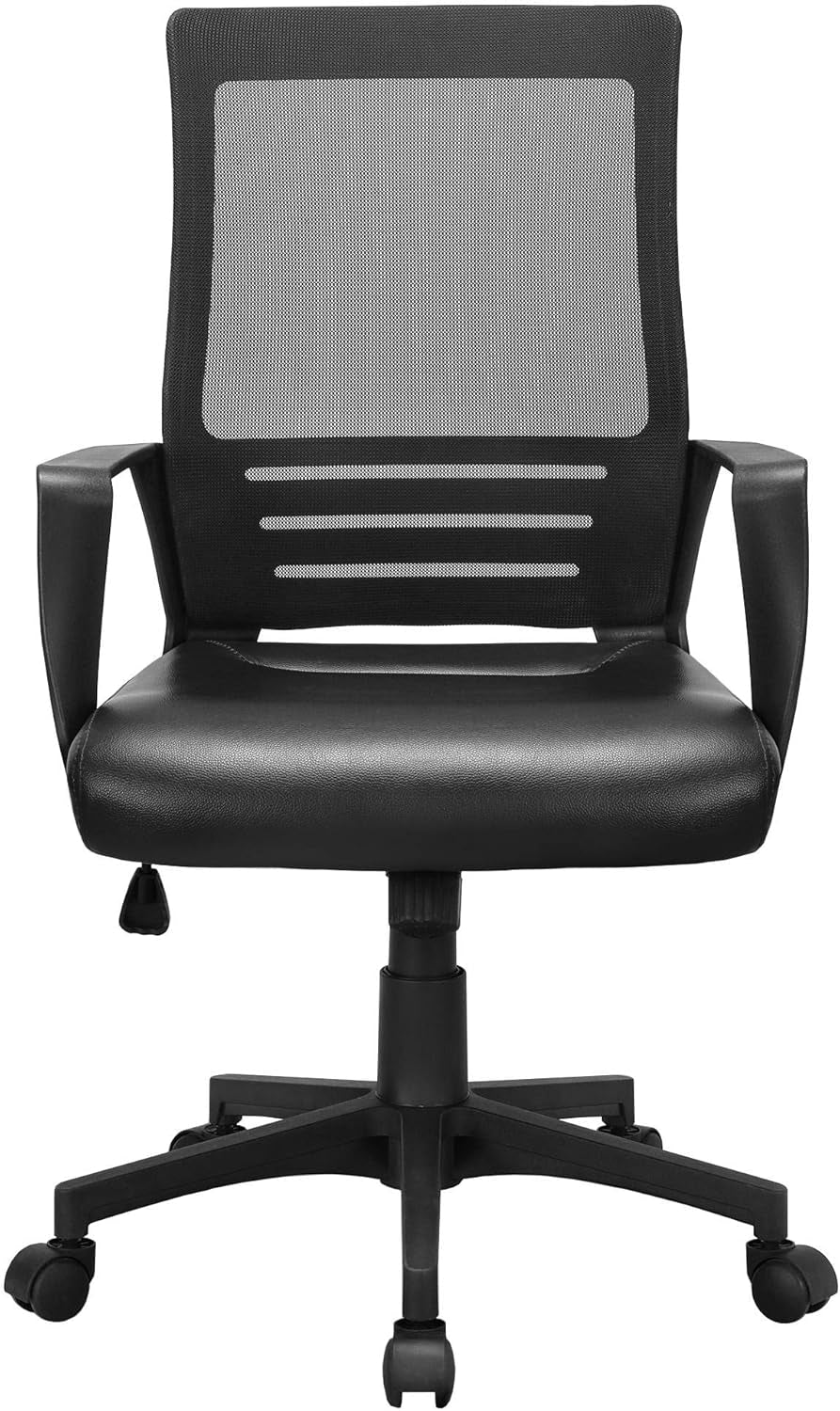 Mid Back Mesh Chair W/Leather Seat Executive Office Chair Computer Task Chair with Armrests Ergonomic Desk Chair with Lumbar Support, Brown