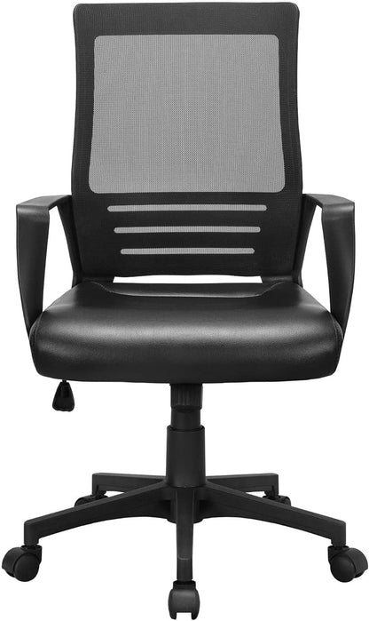 Mid Back Mesh Chair W/Leather Seat Executive Office Chair Computer Task Chair with Armrests Ergonomic Desk Chair with Lumbar Support, Brown