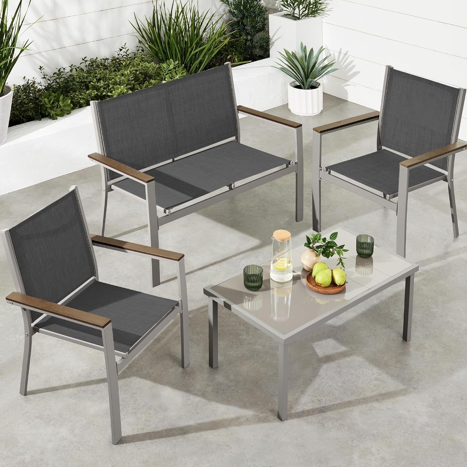 4-Piece Outdoor Textilene Patio Conversation Set, Backyard Furniture W/Loveseat, Coffee Table, Steel Frame - Taupe/Charcoal