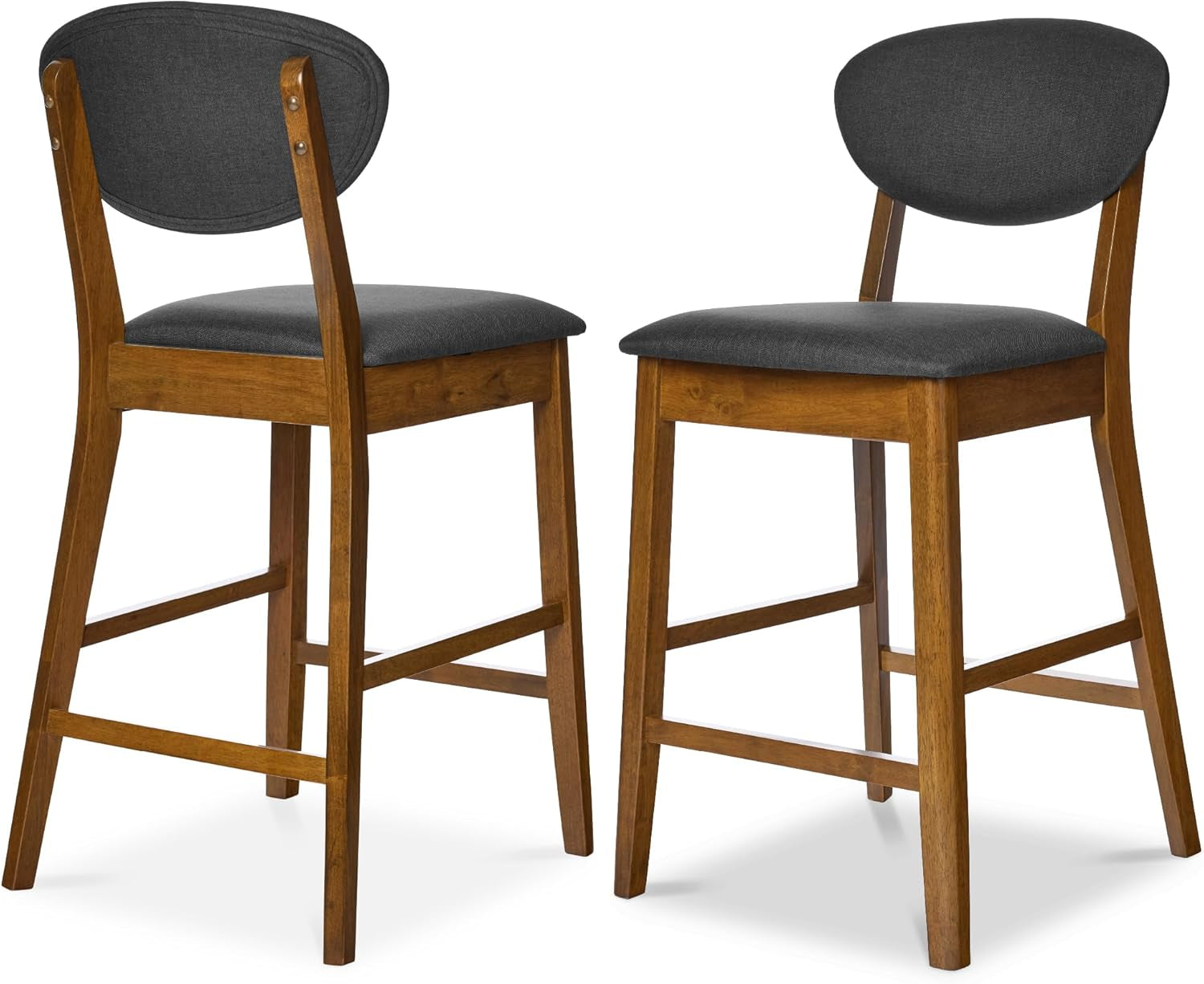 Bar Stool Set of 2, Mid-Century Modern Upholstered Wood, Armless Counter Height W/Seat Cushion, Backrest - Walnut/Cream