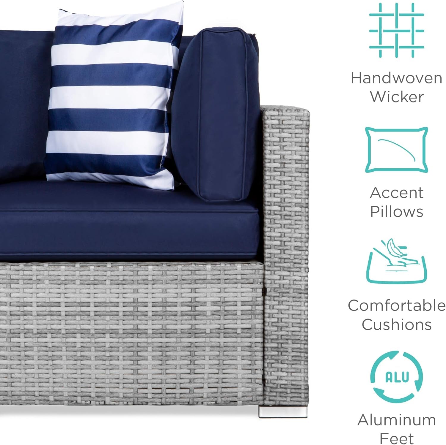 7-Piece Modular Outdoor Sectional Wicker Patio Conversation Set W/ 2 Pillows, Coffee Table, Cover Included - Gray/Navy