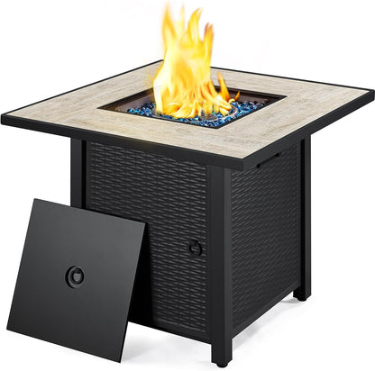 30&quot; Propane Gas Fire Pit Table 50,000 BTU Square Gas Fire Table with Ceramic Tabletop and Blue Fire Glass for Outdoor/Patio with Rattan Pattern Steel Base/Lid, Black