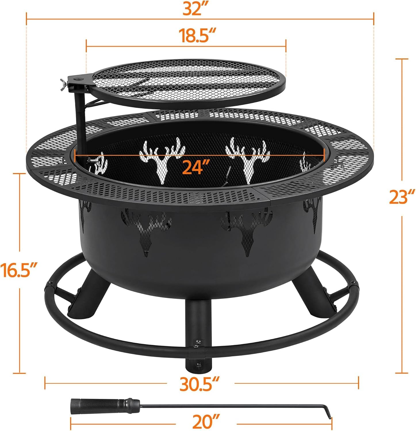 32In Fire Pit Outdoor Wood Burning Firepits Outdoor Fireplace with 18.5 Inch Swivel Cooking Grill Grate &amp; Poker Fire Bowl for Camping, Backyard, BBQ, Garden, Bonfire