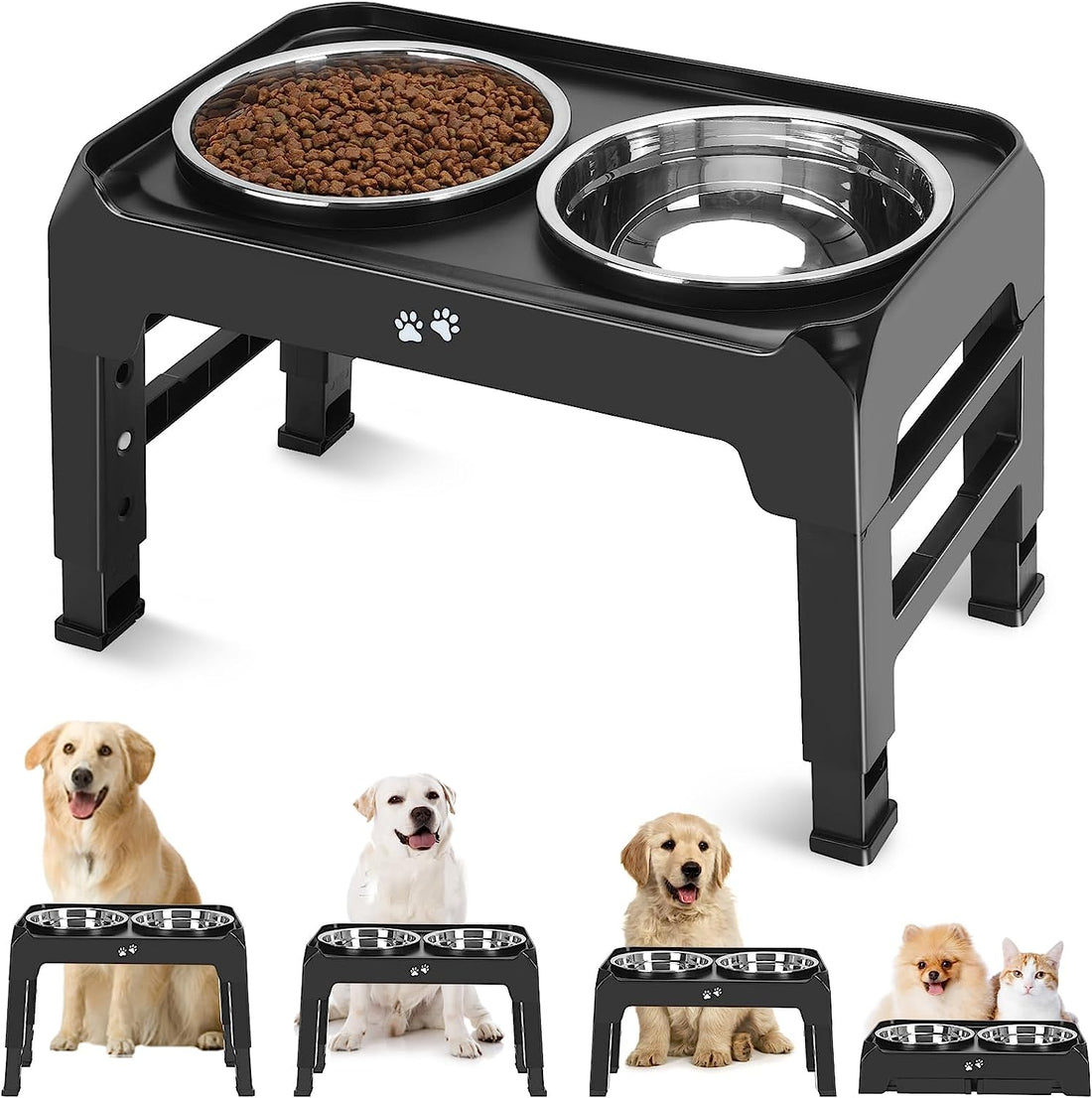 Elevated Dog Bowls, 4 Height Adjustable Raised Dog Bowl Stand with 2 Thick 50Oz Stainless Steel Dog Food Bowls Non-Slip Dog Feeder for Large Medium Dogs Adjusts to 3.7&quot;, 9.2&quot;, 10.75&quot;, 12.36&quot; Black