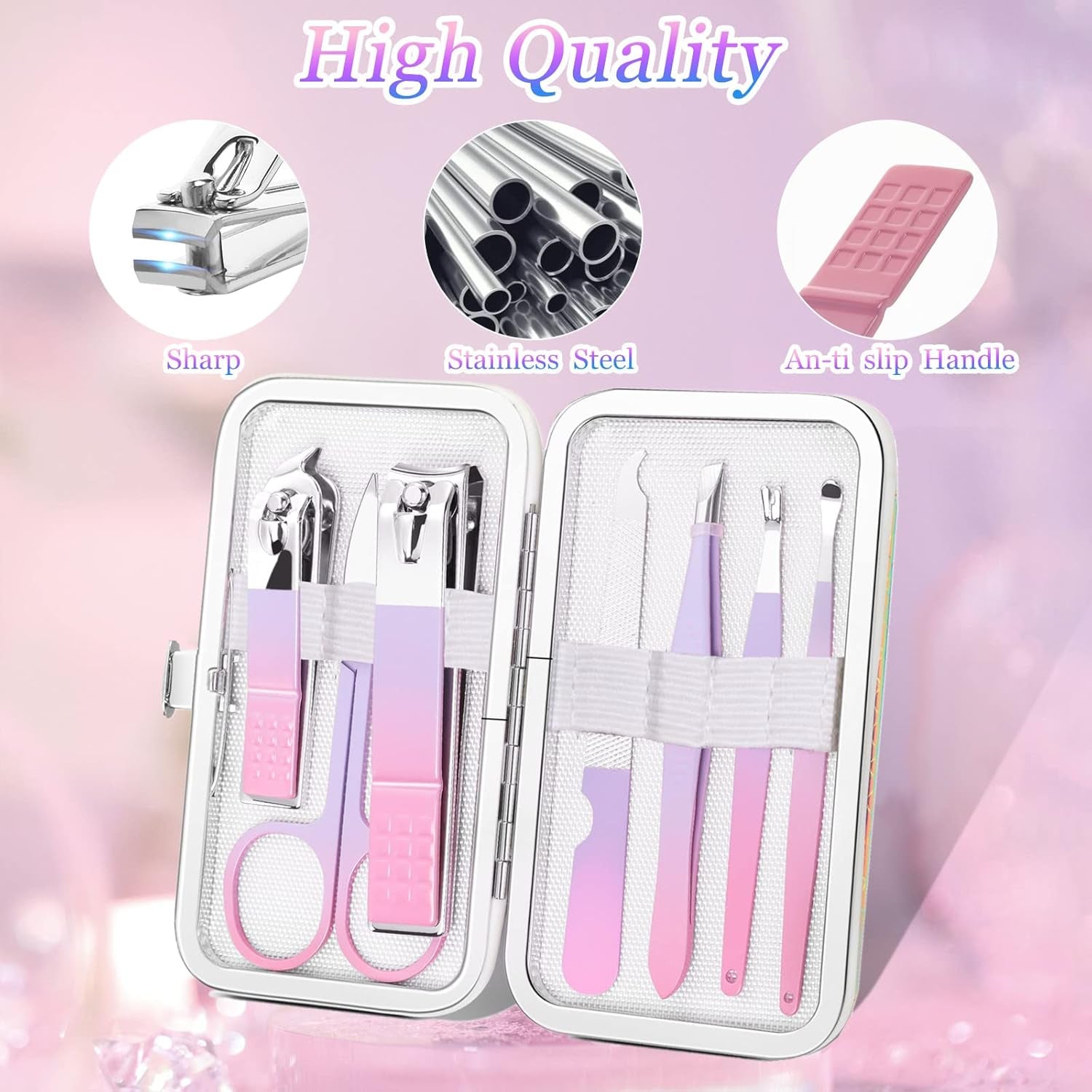 Manicure Set Women Nail Clippers Professional Manicure Pedicure Kit Stainless Steel Nail Cutters Grooming Kit Personal Care Tools with Travel Case Gift for Women Gradual Purple