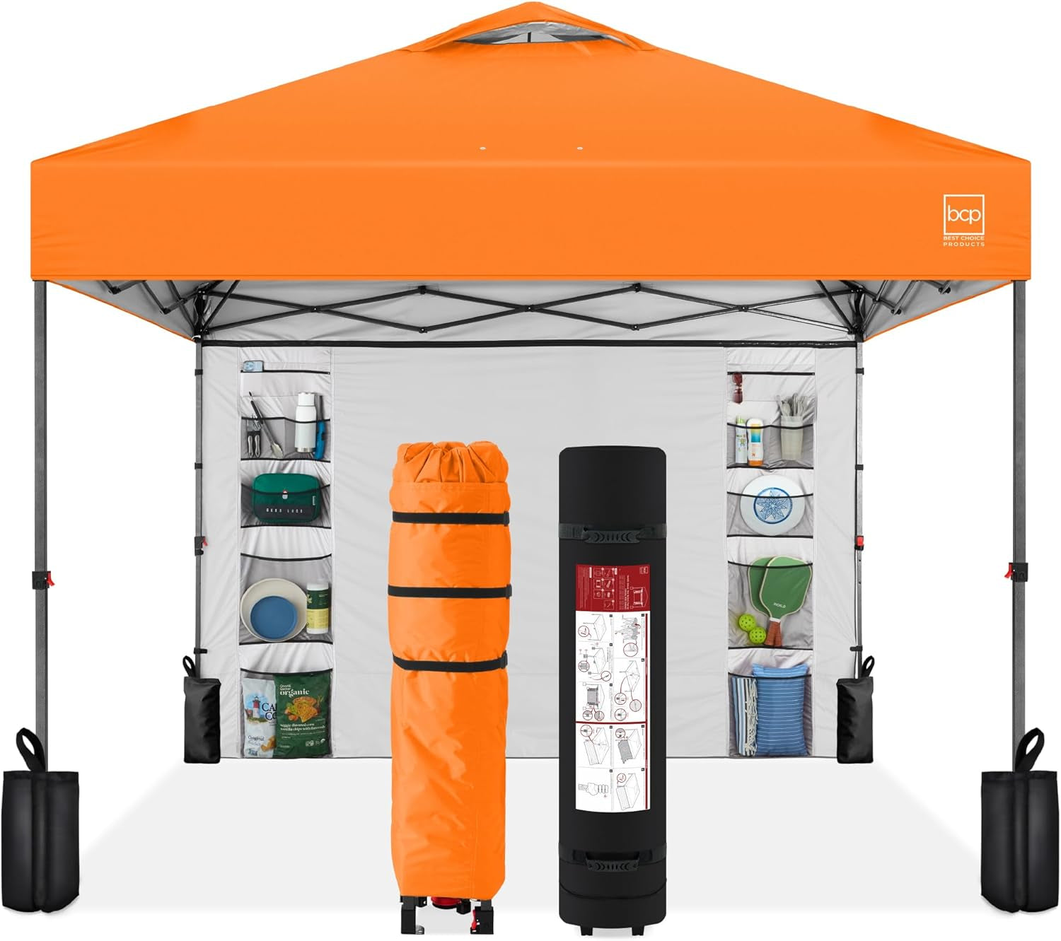 10X10Ft Easy Pop up Canopy W/Side Wall, 10 Pockets, Portable Carrying Case, 1-Button Setup, 4 Weight Bags - Dark Green