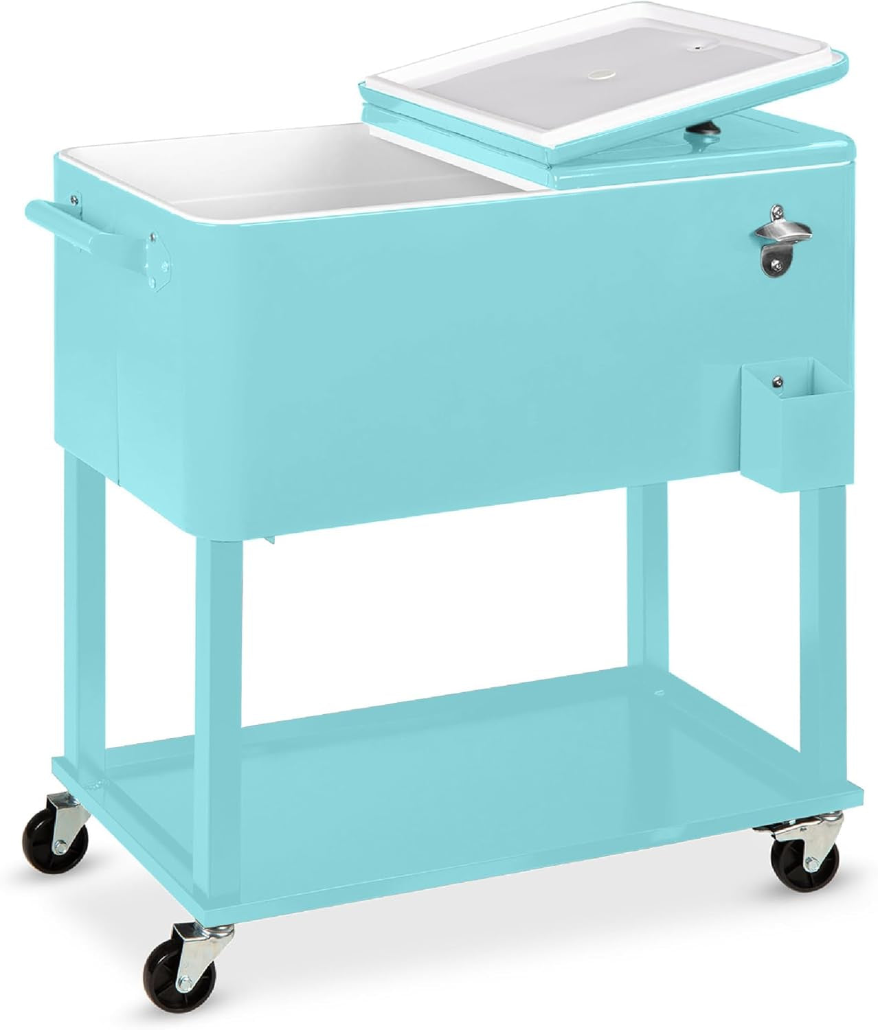 80-Quart Outdoor Steel Rolling Cooler Cart W/Ice Chest, Bottle Opener, Catch Tray, Drain Plug, Locking Wheels