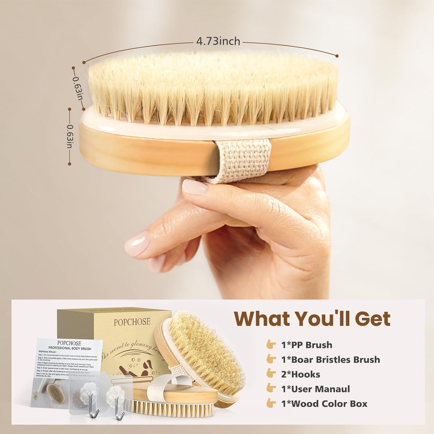 Dry Brushing Body Brush, Natural Bristle Dry Skin Exfoliating Brush Body Scrub for Flawless Skin, Cellulite Treatment, Lymphatic Drainage and Blood Circulation Improvement