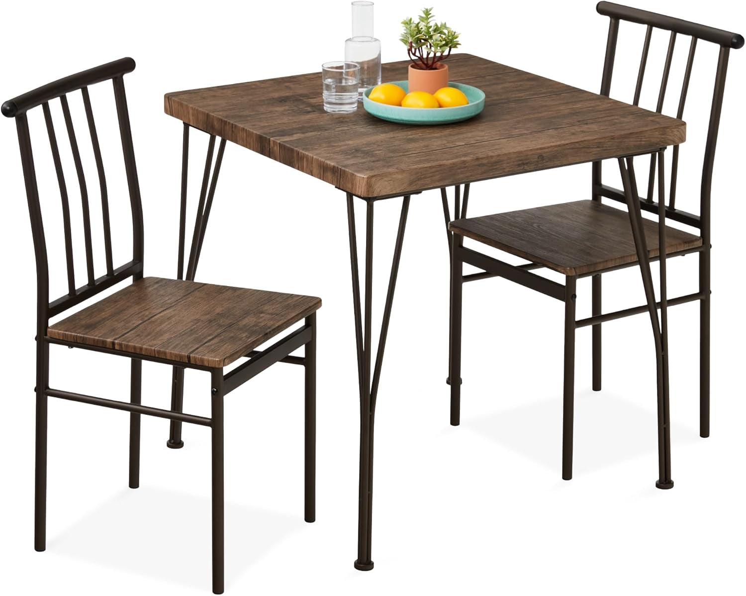 3-Piece Dining Set Modern Dining Table Set, Metal and Wood Square Dining Table for Kitchen, Dining Room, Dinette, Breakfast Nook W/ 2 Chairs - Brown