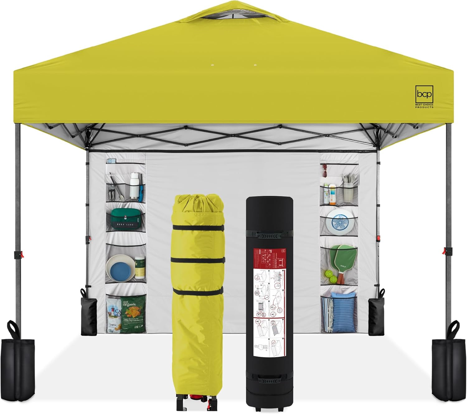 10X10Ft Easy Pop up Canopy W/Side Wall, 10 Pockets, Portable Carrying Case, 1-Button Setup, 4 Weight Bags - Dark Green