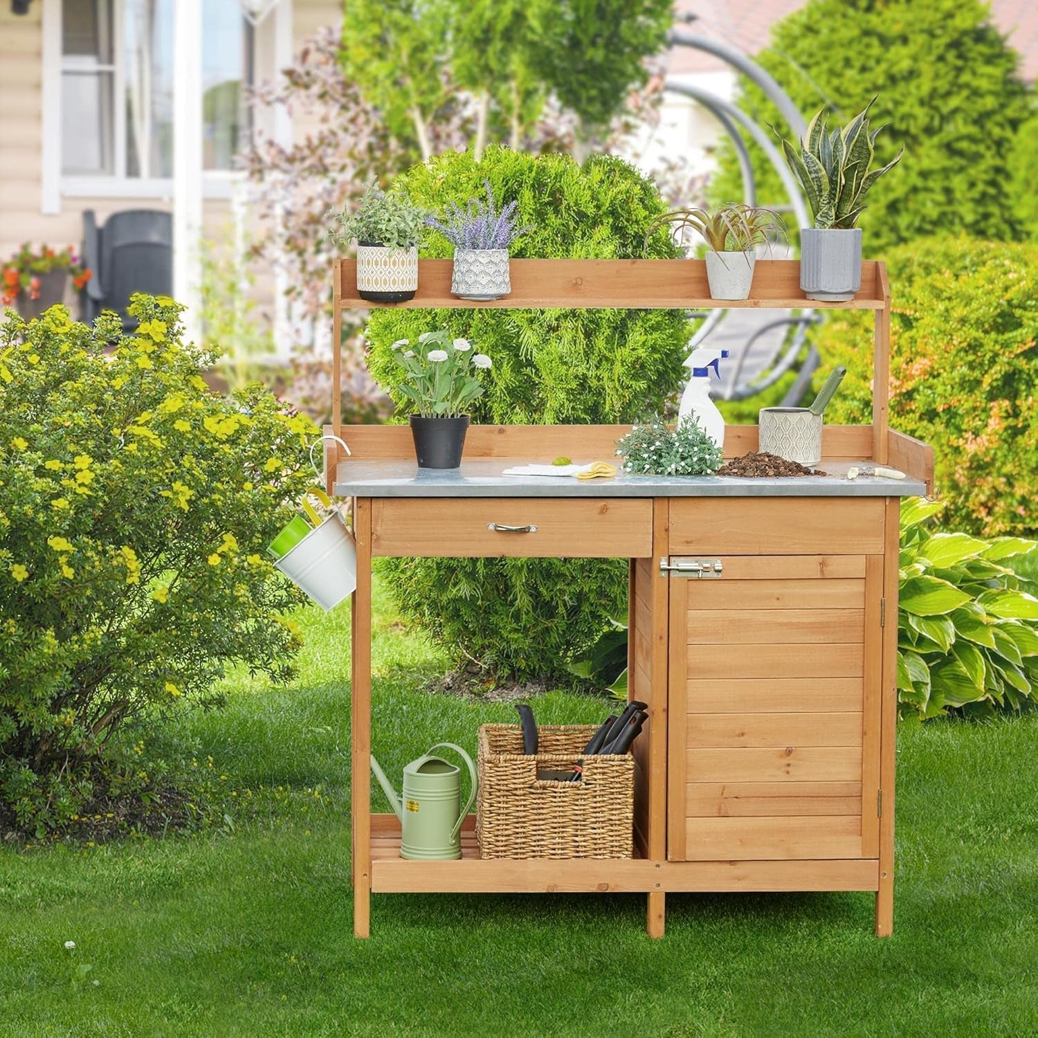 Outdoor Garden Potting Bench Table Work Bench Metal Tabletop W/Cabinet Drawer Open Shelf Natural Wood