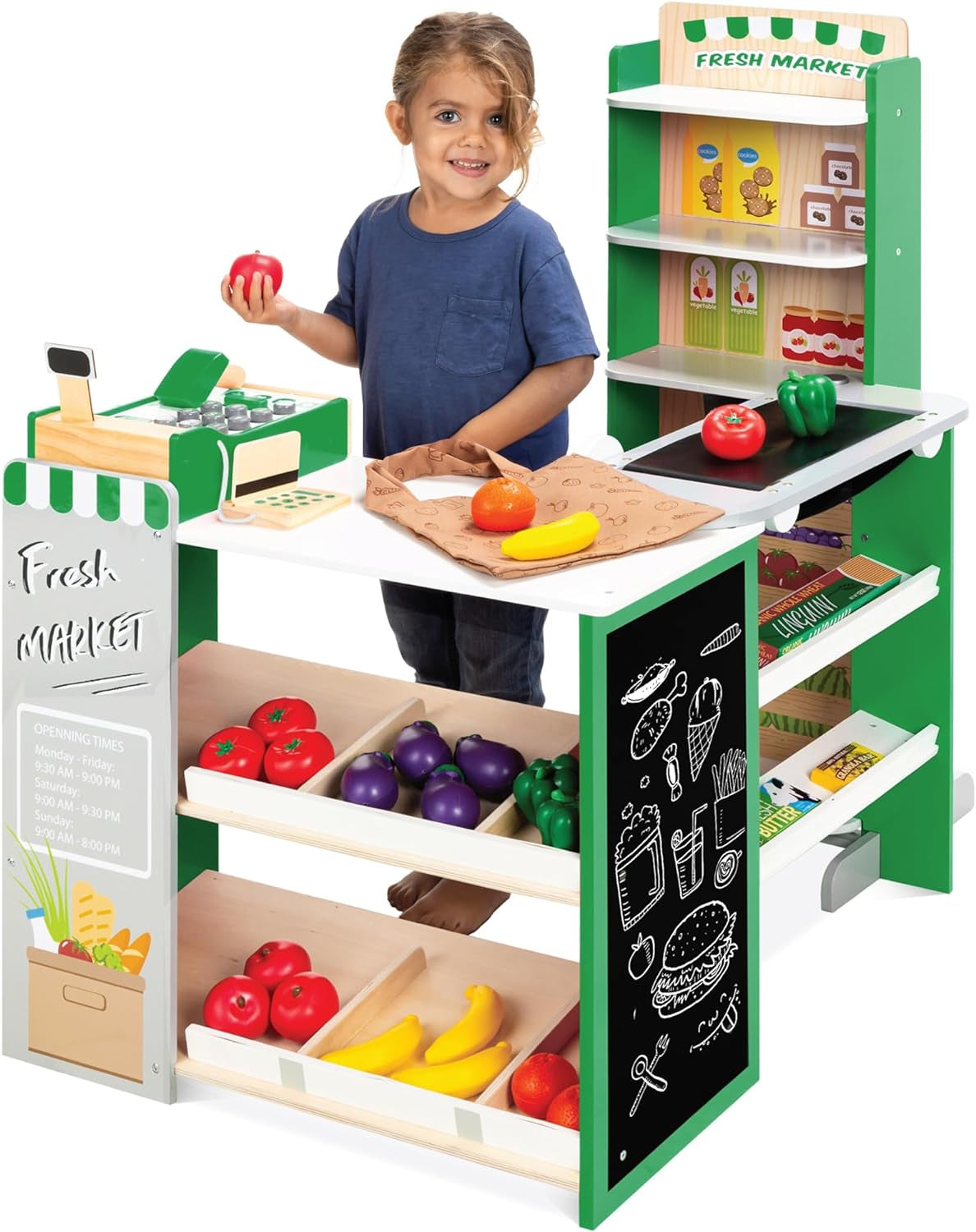 Pretend Play Grocery Store Wooden Supermarket Toy Set for Kids W/Play Food, Chalkboard, Cash Register, Working Conveyor - Red