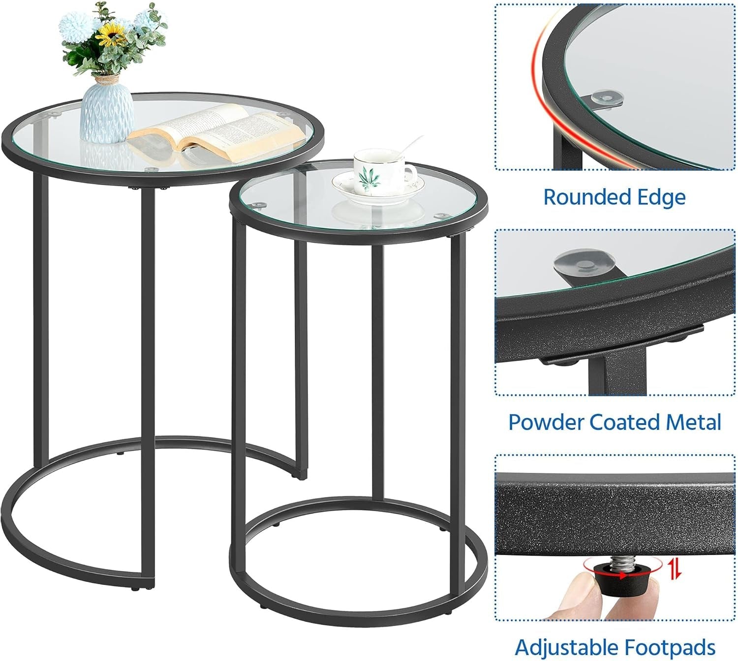 round Nesting End Table Set of 2,Stacking Side Tables,Coffee Tables Set W/Metal Frame &amp; Glass Top &amp; Protective Foot Pads for Small Space, Living Room, Office- Black