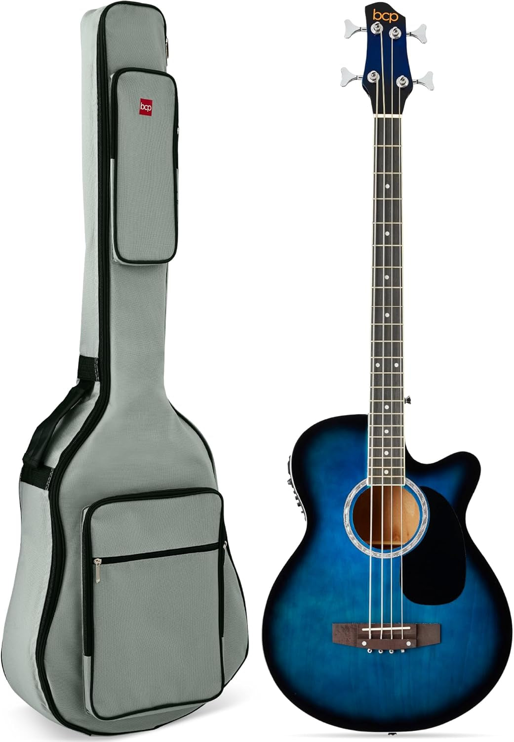 Acoustic Electric Bass Guitar, Full Size 4 String, Fretted Bass Guitar W/Padded Gig Bag - Black