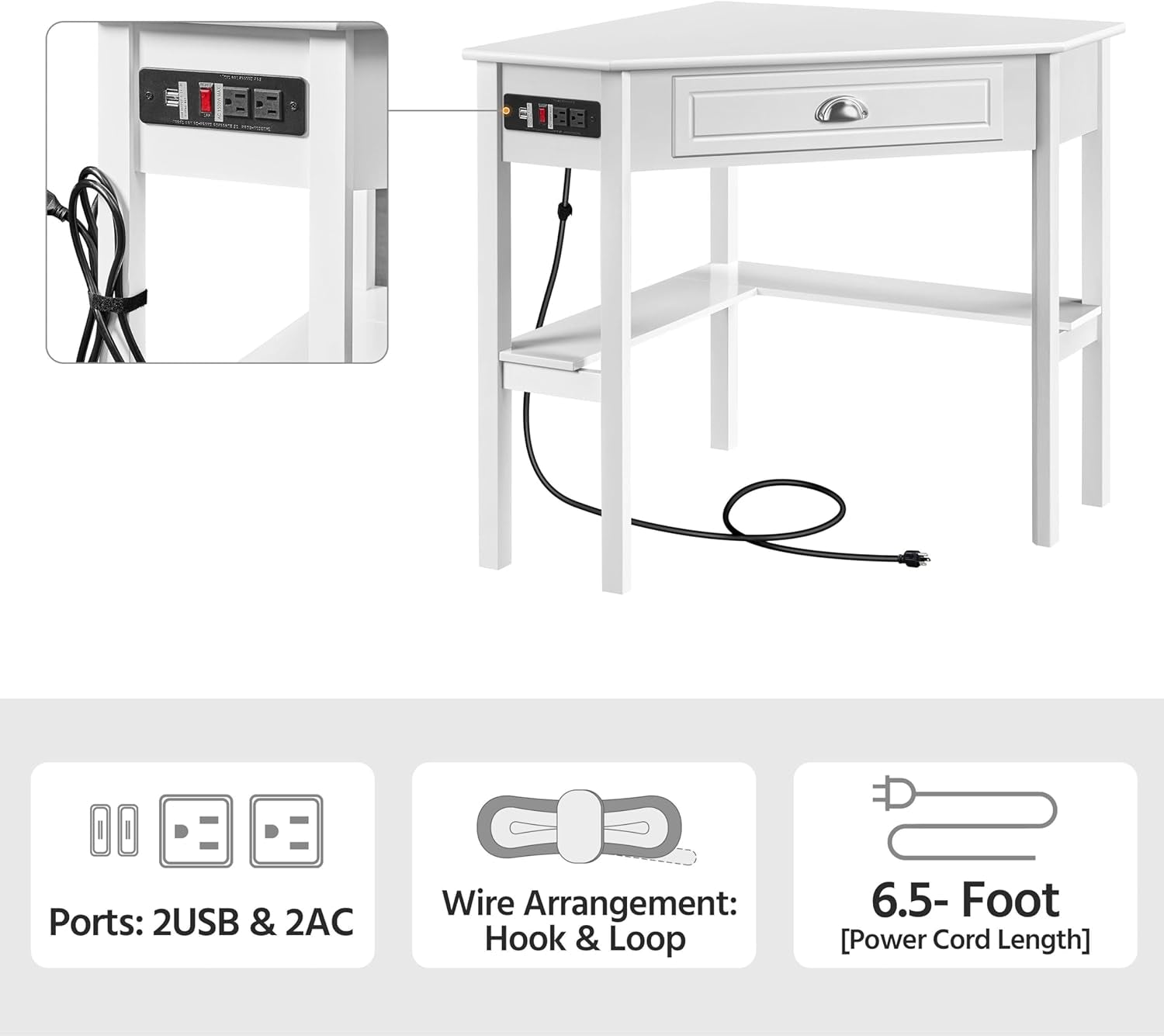 L Shaped Corner Computer Desk with Power Outlets, Reversible Triangle Workstation with USB Ports and Hook for Small Space, Modern Home Office Desk Gaming Table with Drawer &amp; Shelf, White