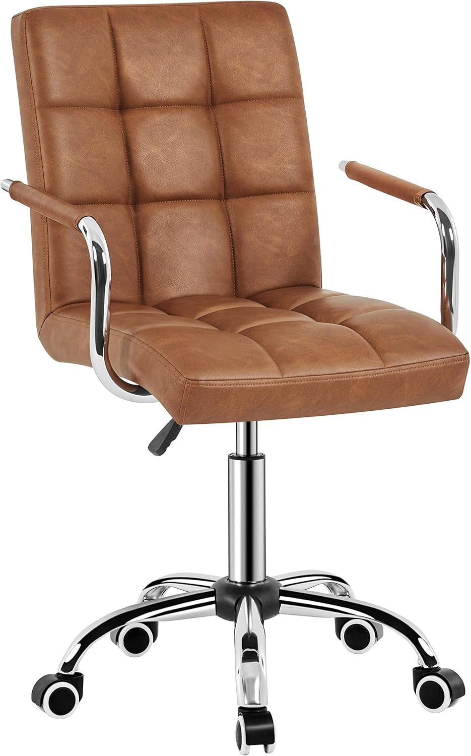 PU Leather Office Desk Chair Mid Back Height Adjustable Chair Comfortable Computer Swivel Chair W/Armrests, Retro Brown