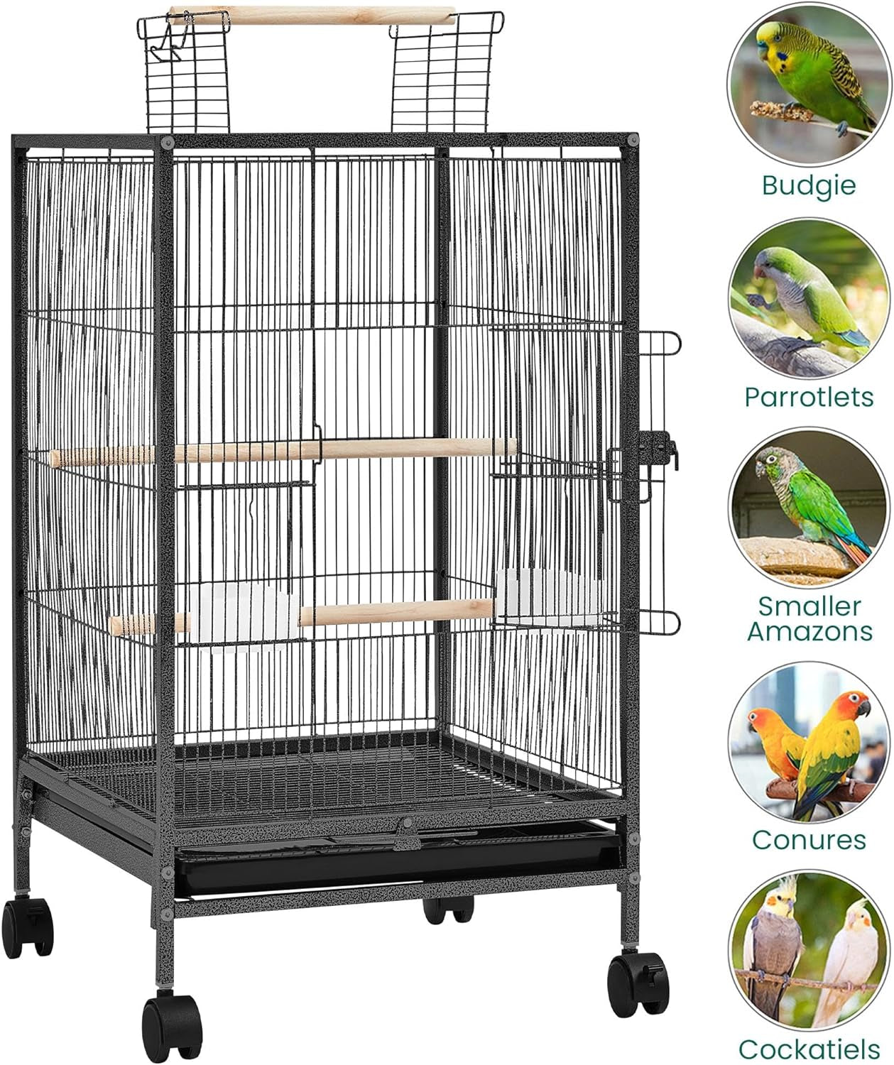 35 Inch Wrought Iron Bird Cage W/Play Open Top and Rolling Stand for Small Birds like Parrots Conure Lovebird Cockatiel Lovebirds Budgies