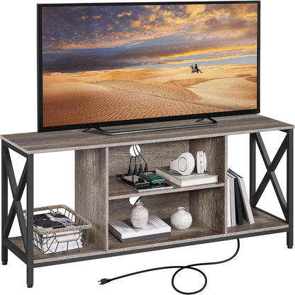 TV Stand for 65 Inch TV, Industrial Entertainment Center TV Console with Power Outlets, Modern TV Cabinet with Open Storage Shelves for Living Room, Gray