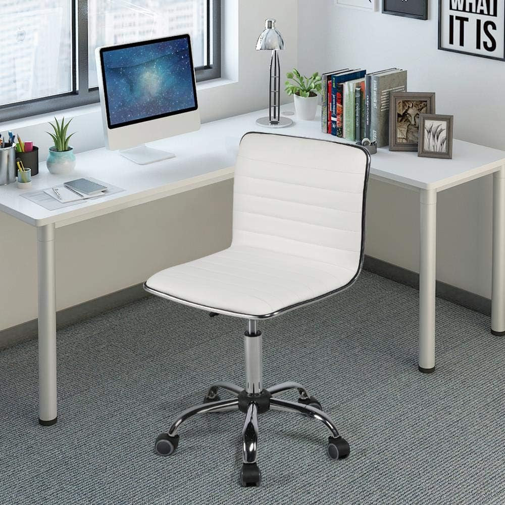 Adjustable Task Chair PU Leather Low Back Ribbed Armless Swivel White Desk Chair Office Chair Wheels