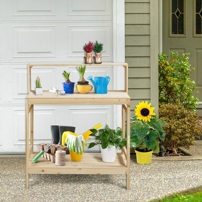 Garden Potting Bench Table Solid Wood Work Station for Patio/Backyard/Garden,Sturdy Workbench Potting Table Outdoor with 3 Tiers Open Storage Shelf, Natural Wood