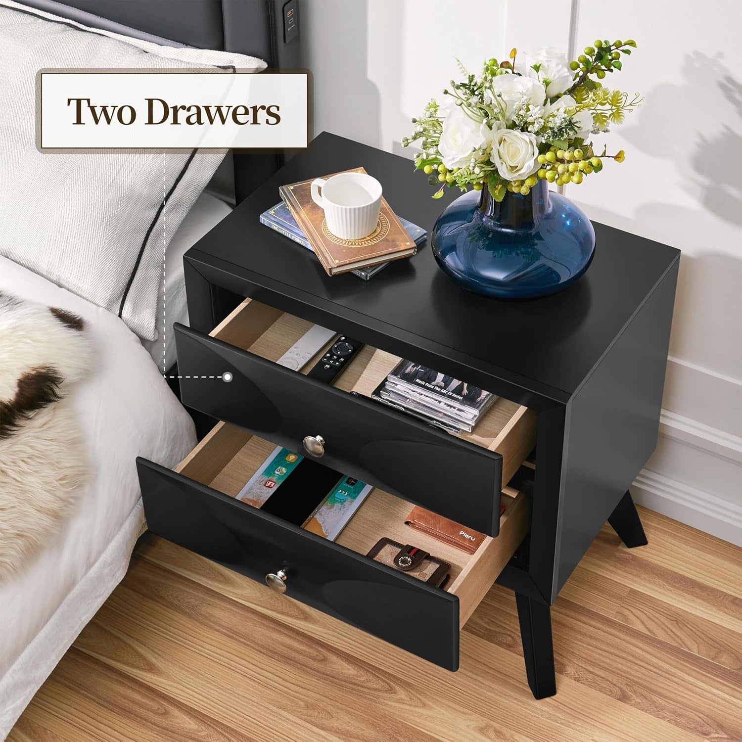 Nightstands Set of 2, Almost Fully-Assembled Nightstands with 2 Drawers and Solid Wood Legs, Large Bedside Tables with Storage, Modern Side Tables for Bedroom, 24.5″L×15″W×23.5″H, Black