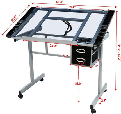 Drawing Desk Adjustable Glass Drafting Study Table for Diamond/Versatile Art Craft Station W/ 2 Slide Rolling Wheels and Drawers for Artist Painters Home Office