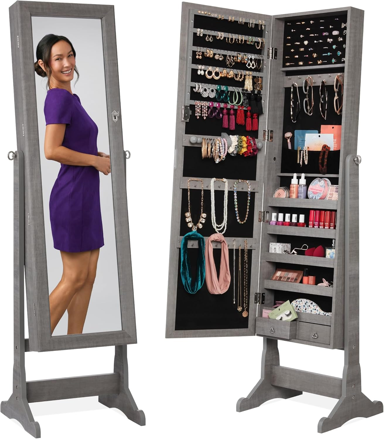 Freestanding Jewelry Armoire Cabinet, Full Length Standing Mirror, Lockable Makeup Storage Organizer, W/Velvet Lining, 3 Angles, Lock, Accessory Pouch, 5 Shelves - Sage