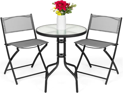 3-Piece Patio Bistro Dining Furniture Set W/Glass Tabletop, 2 Folding Chairs, Steel Frame, Polyester Fabric - Gray