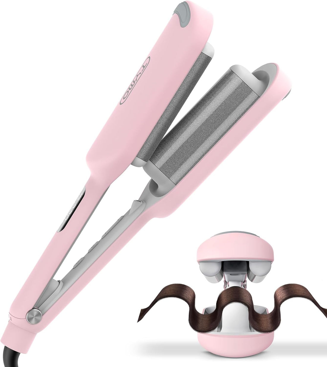 Curling Iron Hair Crimper Waver -  ROVY Beach Waves Curling Wand, Ionic Deep Waver Hair Curler Tool with Ceramic 3 Barrel for Women, Dual Voltage, Anti-Scald, Easy to Use, Pink, 1.25 Inch