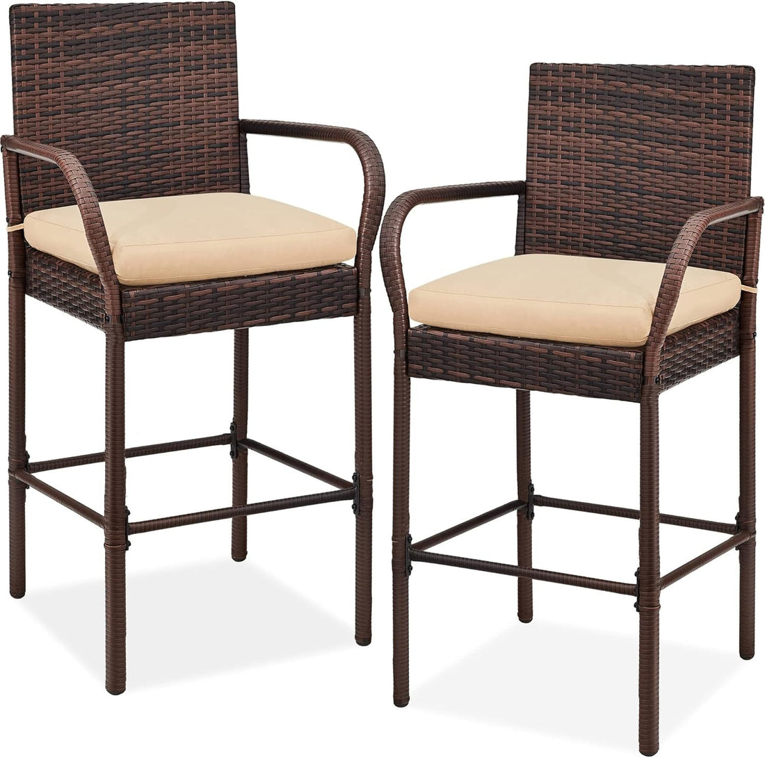 Set of 2 Wicker Bar Stools, Indoor Outdoor Bar Height Chairs W/Cushion, Footrests, Armrests for Backyard, Patio, Pool, Garden, Deck - Brown