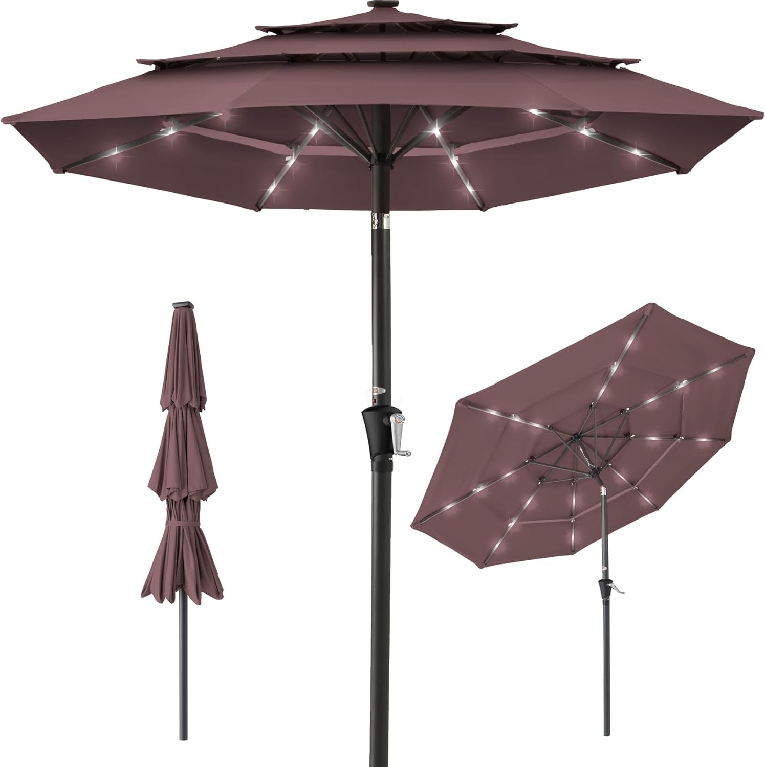 10Ft 3-Tier Solar Patio Umbrella, Outdoor Market Sun Shade for Backyard, Deck, Poolside W/ 24 LED Lights, Tilt Adjustment, Easy Crank, 8 Ribs - Tan