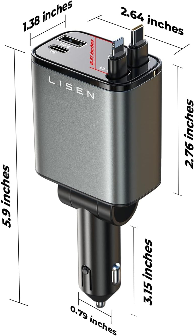 Retractable Car Charger [69W USB C Car Adapter] for Iphone 16 Car Charger Fast Charging, Valentines Day Gifts for Him Her Women Men, Car Accessories USBC Car Charger for Iphone 16 15 14 13, Gray