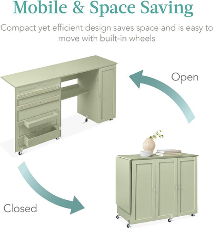 Large Folding Sewing Table, Multipurpose Portable Craft Station &amp; Side Desk W/Compact Design, Caster Wheels, Storage Shelves, 2 Storage Trays, Magnetic Doors - Light Green