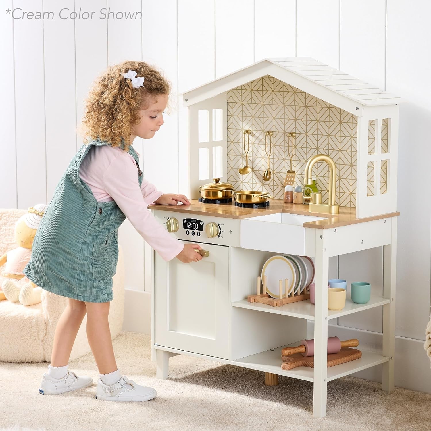 Pretend Play Wooden Farmhouse Kitchen Set for Kids W/ Toy Storage, Clicking Knobs, Windows, 5 Accessories Included - Sage