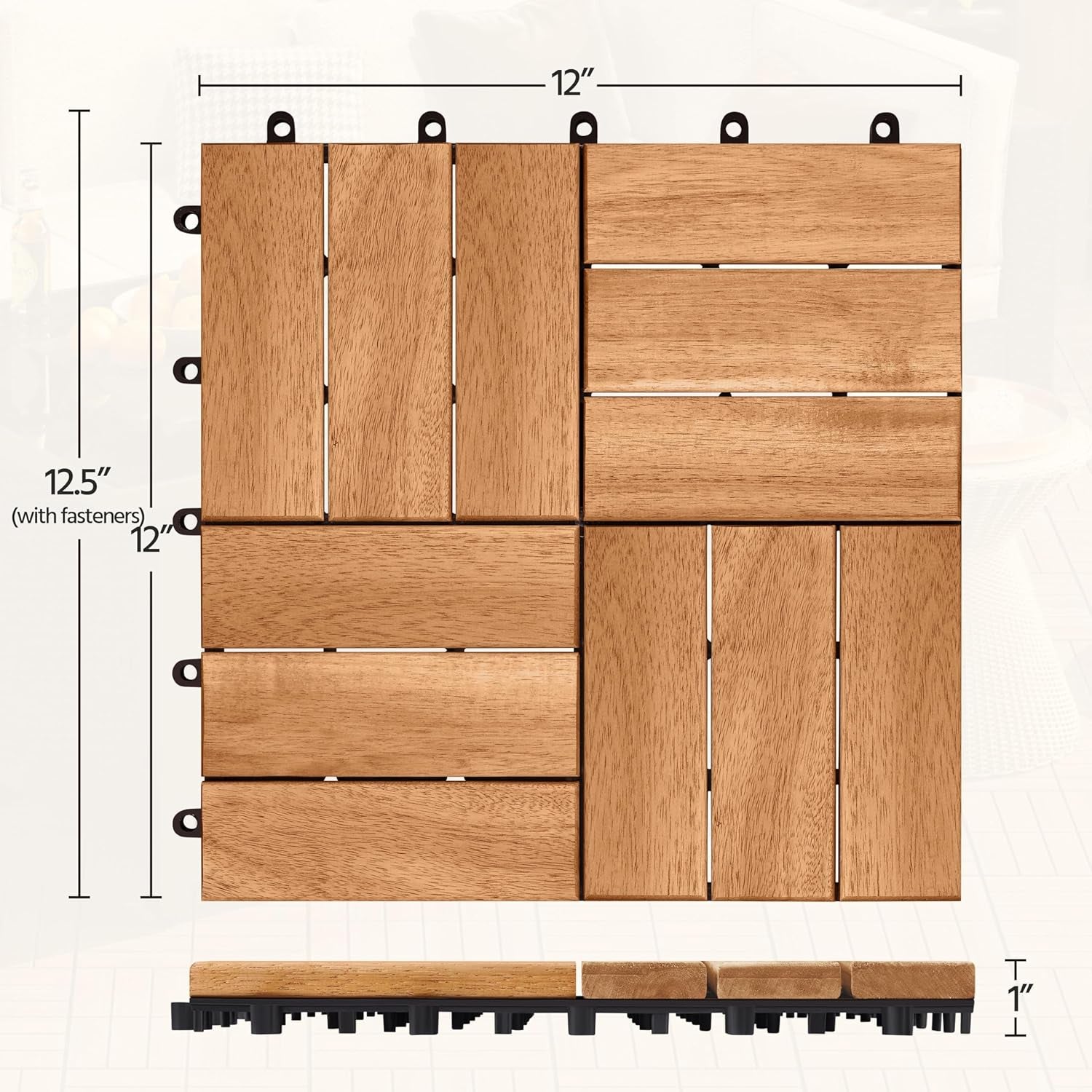 27Pcs Hardwood Interlocking Patio Deck Tiles Acacia Waterproof Wood Flooring Tiles for Patio Garden Poolside, 12&