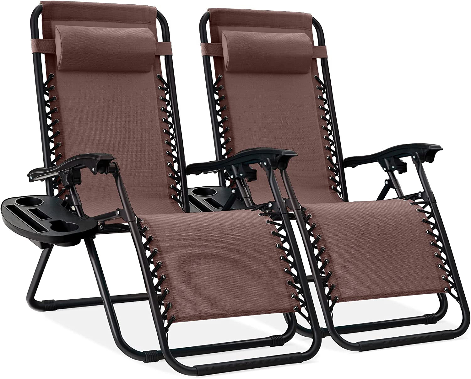 Set of 2 Adjustable Steel Mesh Zero Gravity Lounge Chair Recliners W/Pillows and Cup Holder Trays - Black