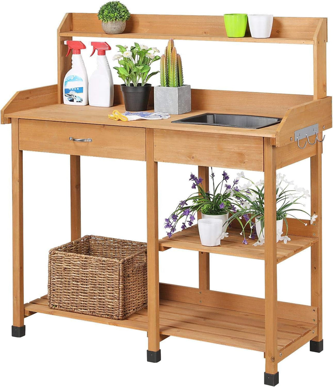 Potting Bench Outdoor Garden Work Bench Station Planting Solid Wood Construction for Horticulture W/Sink Drawer Rack Shelves Natural Wood