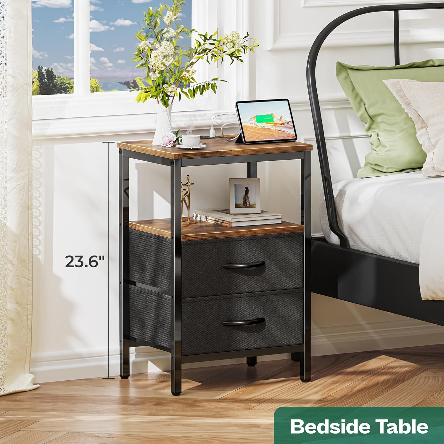 Nightstand with Charging Station, Side Table with Fabric Drawers, End Table with Open Shelf, Bedside Table with USB Ports and Outlets, Night Stand for Bedroom, Rustic Brown and Black