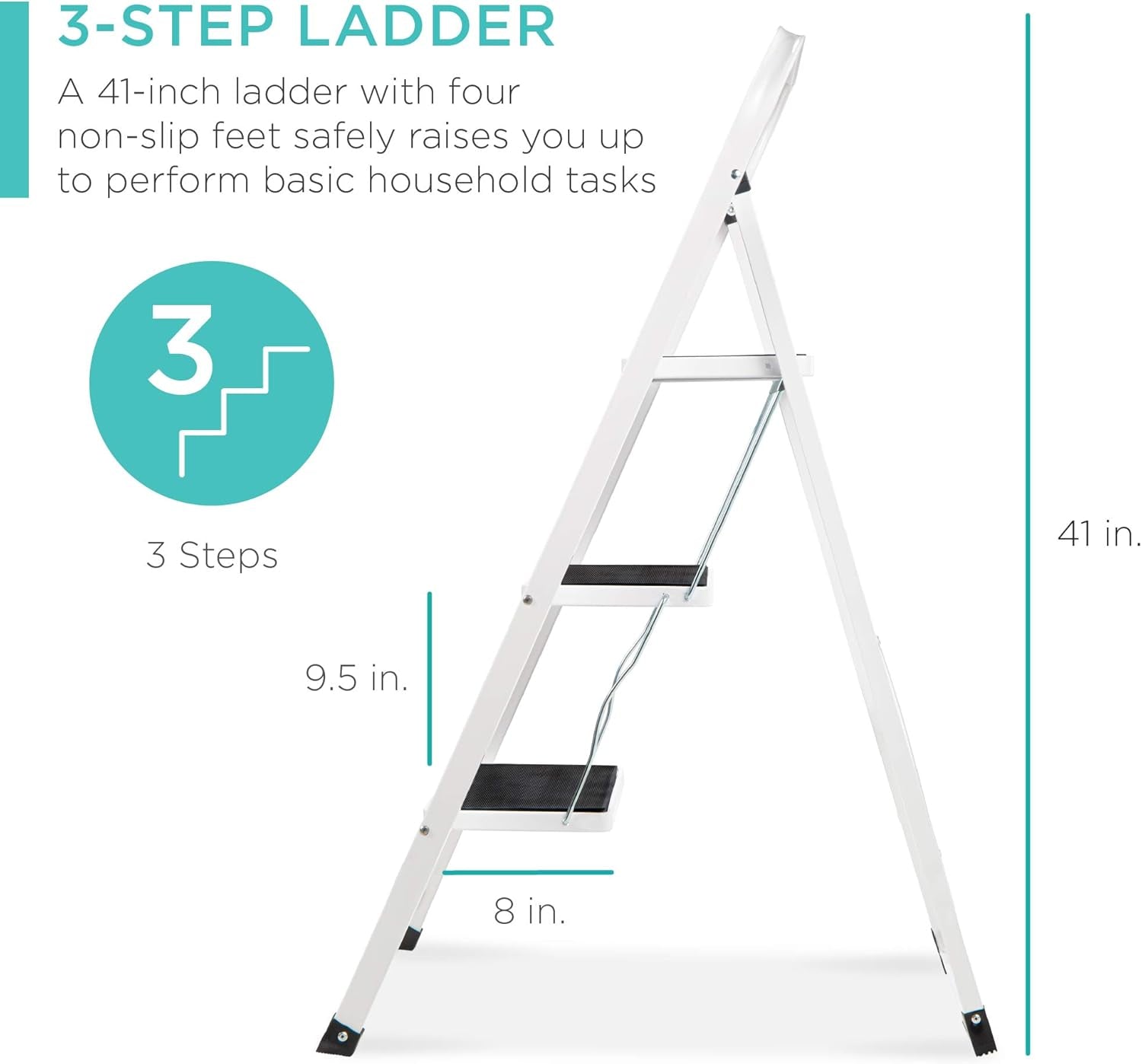 3 Step Ladder Folding Sturdy Lightweight Portable Step Stool for Kitchen, Bedroom, Home W/Non-Slip Rubber Feet, Padded Platforms Pads, 330Lb Capacity - White