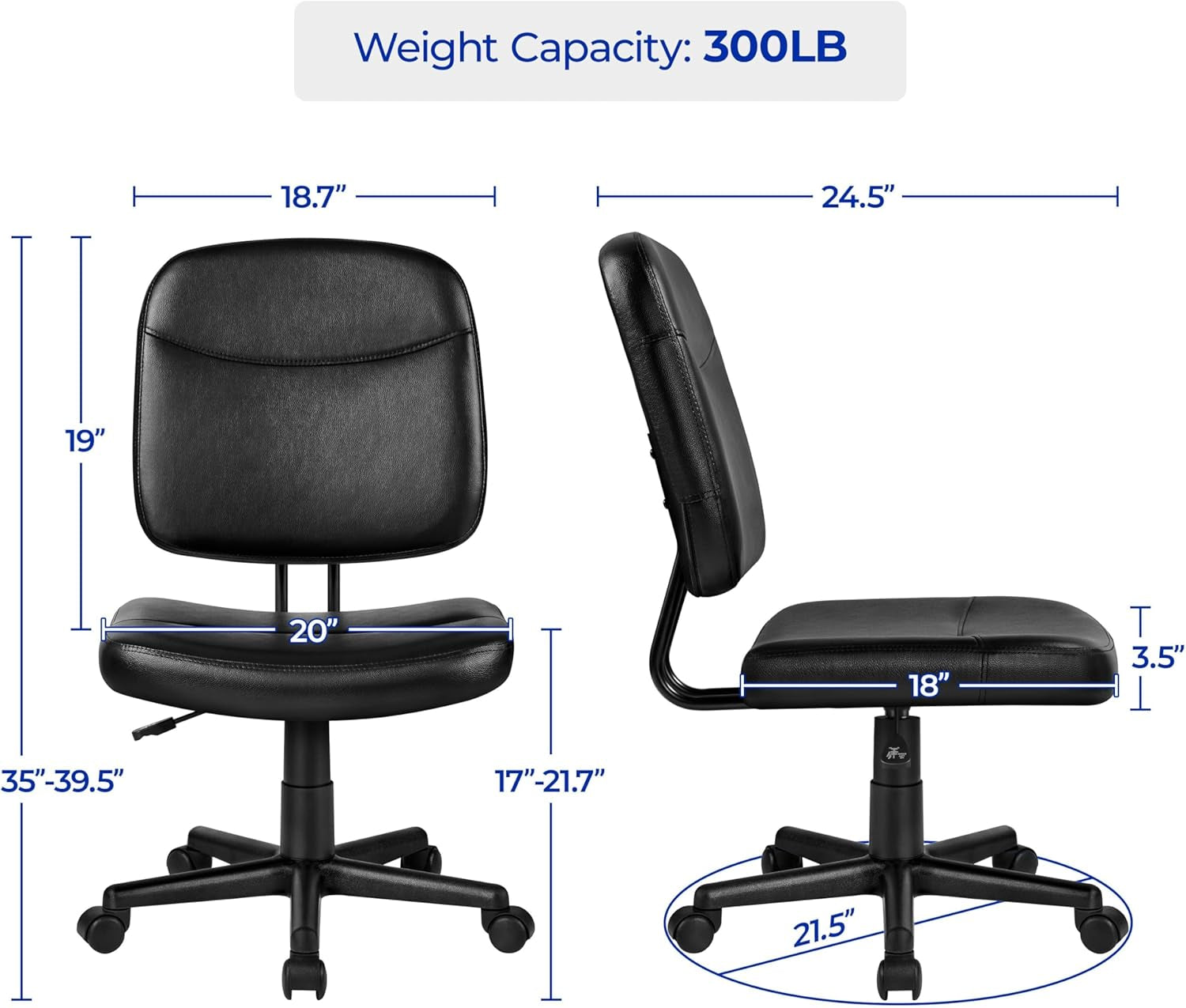 Armless Office Chair Ergonomic Desk Chair Low Back PU Leather Adjustable Swivel Chair Computer Task Chair, Black