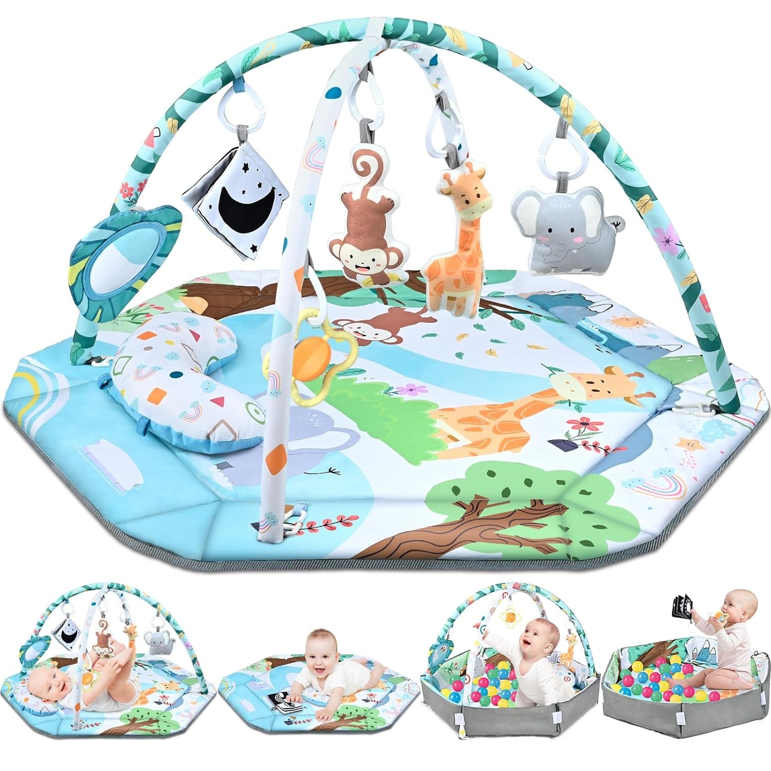 Baby Gym Play Mat, 8-In-1 Tummy Time Mat &amp; Ball Pit with 6 Toys, Washable Baby Activity Play Mat for Visual, Hearing, Sensory, Motor Development, Baby Toys Gift for Toddler Infant 0-3-6-9-12 Months