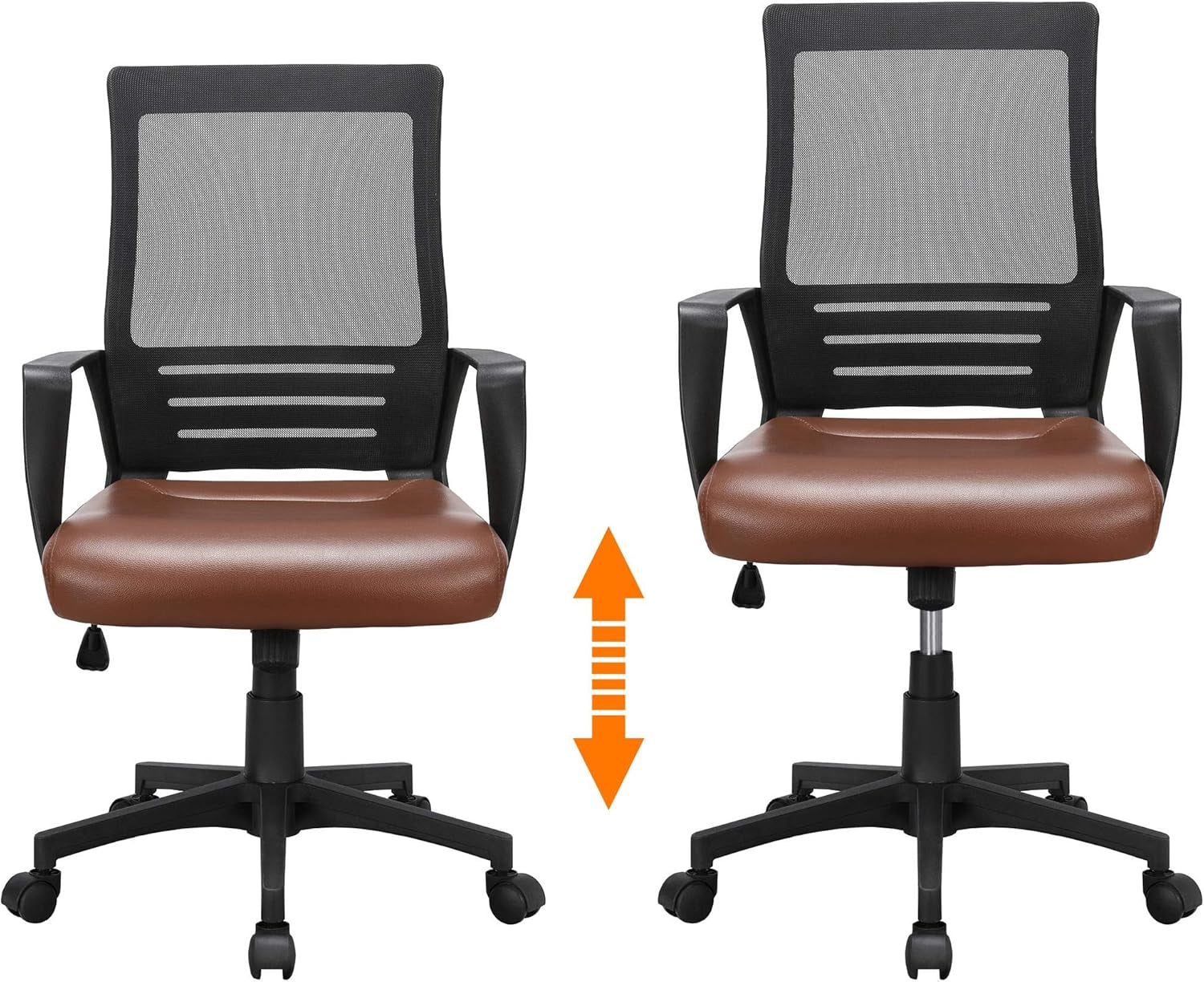 Mid Back Mesh Chair W/Leather Seat Executive Office Chair Computer Task Chair with Armrests Ergonomic Desk Chair with Lumbar Support, Brown