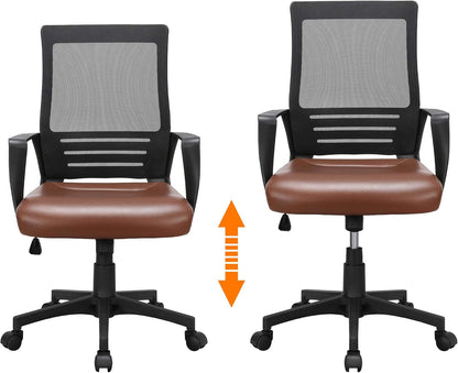 Mid Back Mesh Chair W/Leather Seat Executive Office Chair Computer Task Chair with Armrests Ergonomic Desk Chair with Lumbar Support, Brown