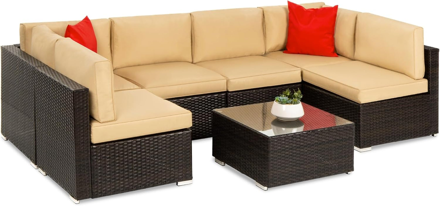 7-Piece Modular Outdoor Sectional Wicker Patio Conversation Set W/ 2 Pillows, Coffee Table, Cover Included - Gray/Navy