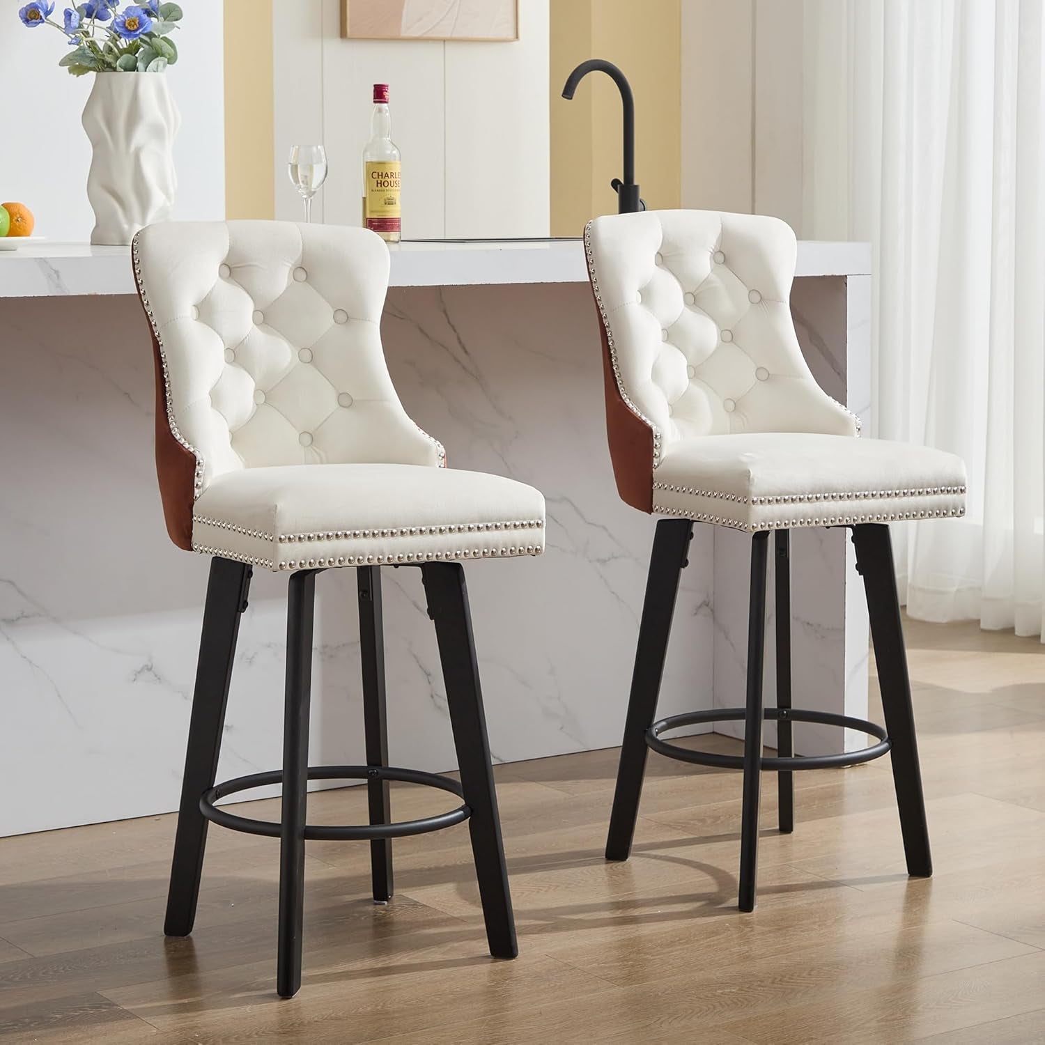 Modern Swivel 27&quot; H Seat Velvet Barstools with Backrest,Button Tufted Rivet Trim Dining Room Chairs with Metal Pull Ring for Kitchen Island，Bistro, Home Bar，Coffee and White（Two-Tone,3 Pcs）