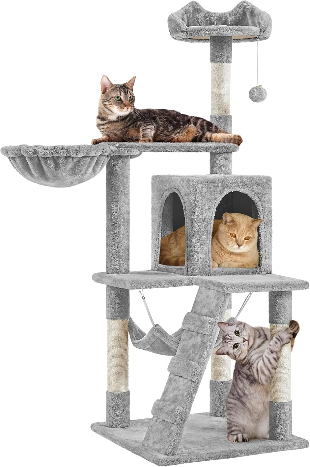 Cat Tree, 54In Tall Cat Tower for Indoor Cats, Multi-Level Cat Furniture with Extended Platform &amp; Basket, Spacious Cat Condo, Funny Hammock, Scratching Posts and Ladder for Kittens