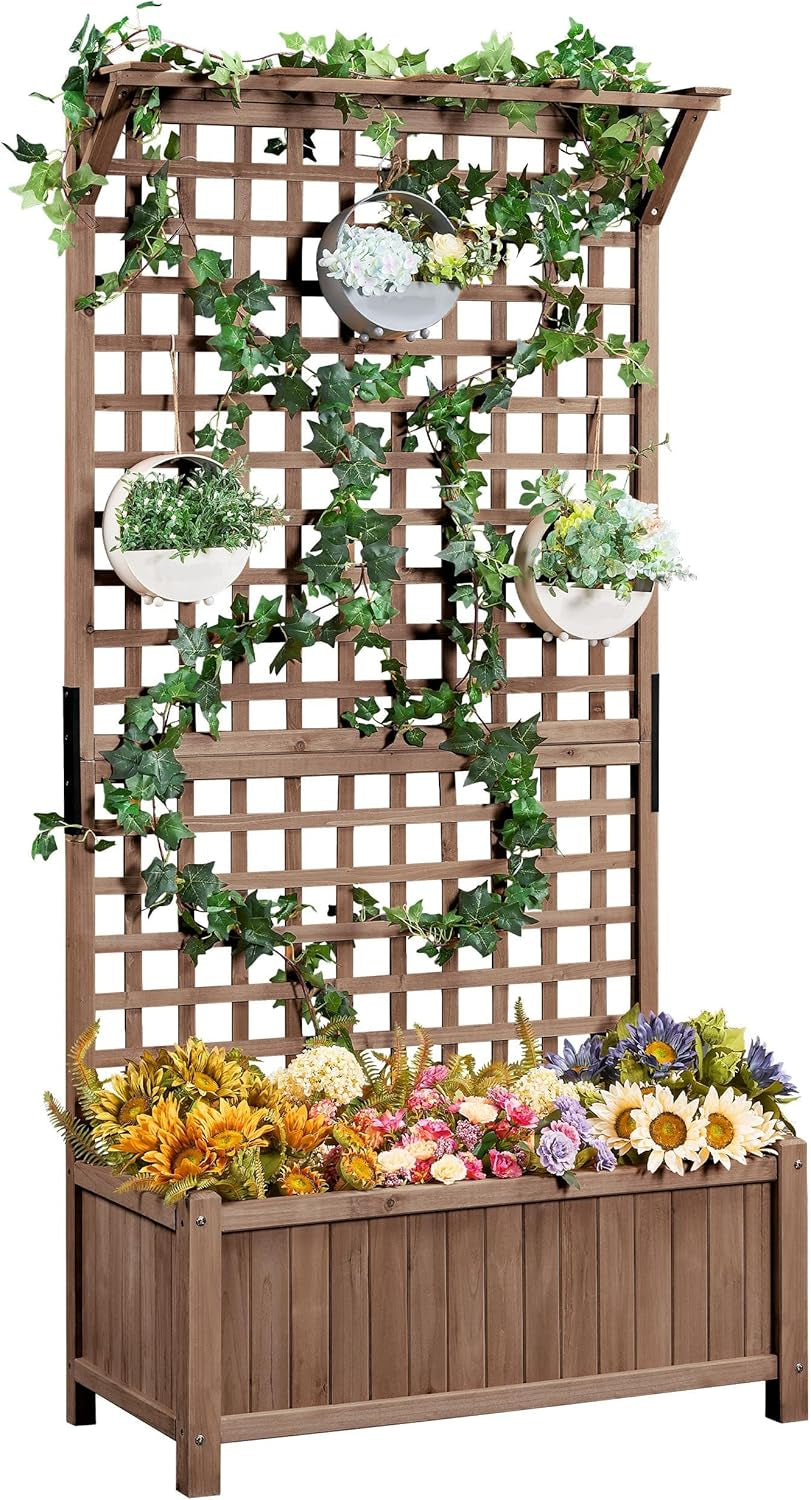 72&quot; H Horticulture Garden Planter with Trellis for Vine Climbing Plants Garden Box Outdoor W/Drainage Holes Raised Garden Bed Garden Planter Box for Flowers, Dark Brown